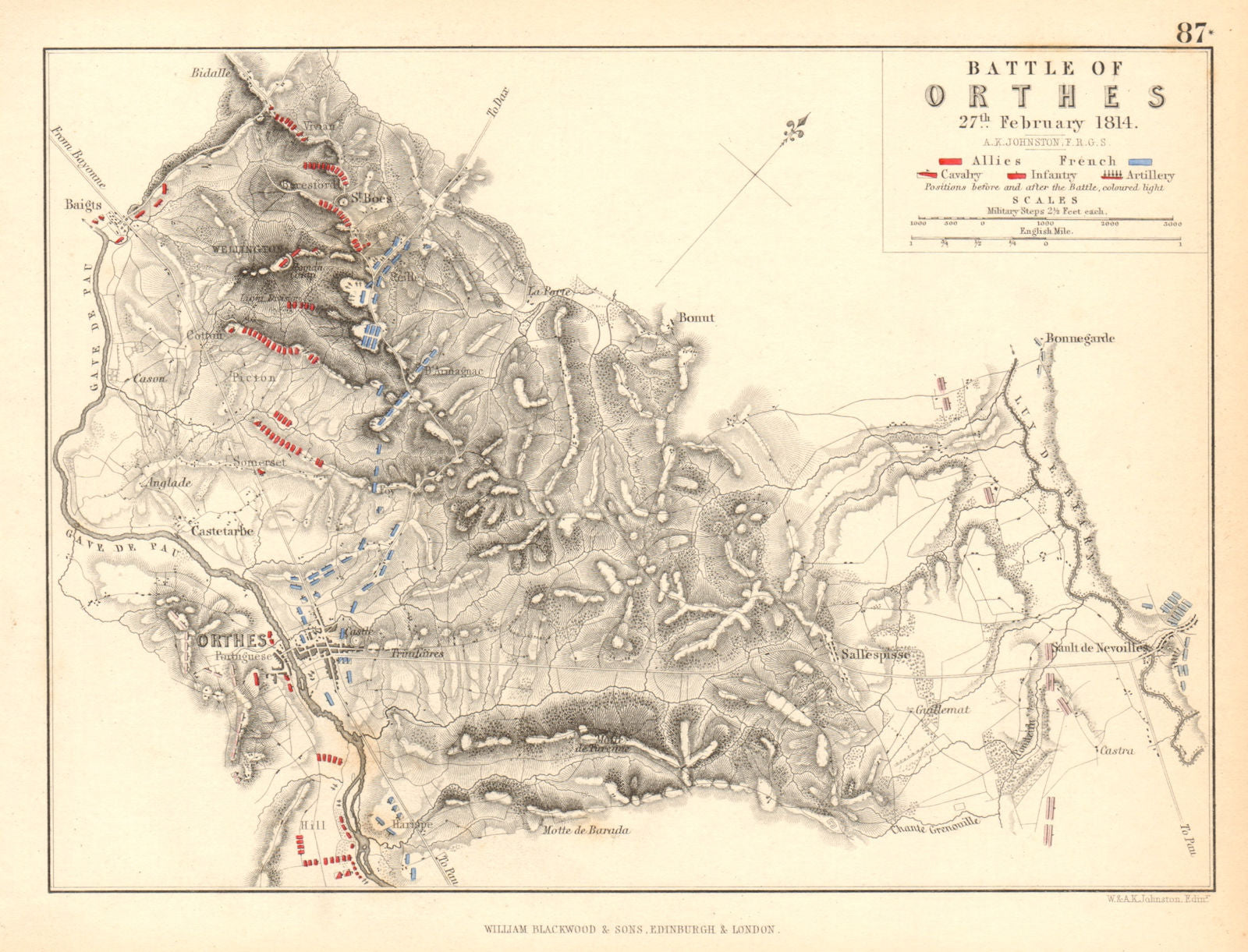 Battle of Orthez 27 February 1814. Peninsular War. Pyrénées Atlantiques 1850 map
